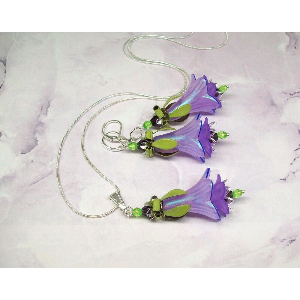Lilac Purple Floral Jewelry Set, Silver, Hand Painted Artisan Crafted Flower Jew